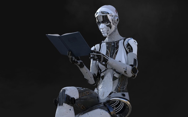 A robot sits on a chair reading a book.