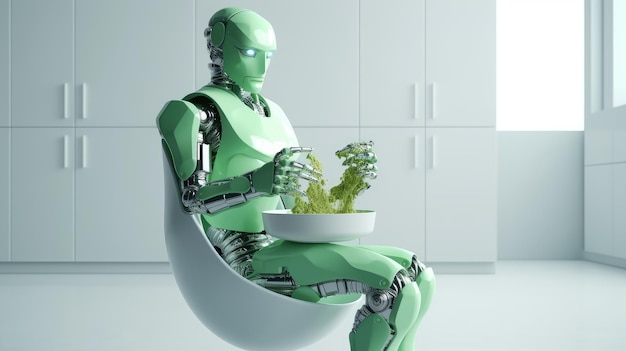 A robot sits in a chair with a bowl of green beans.