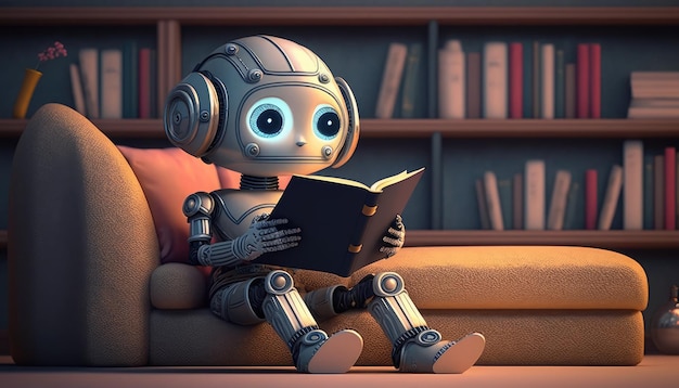 A robot sits on a couch reading a book.