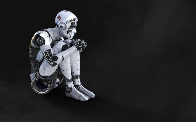 A robot sits in a dark room with a black background.