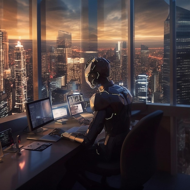 A robot sits at a desk in front of a cityscape.