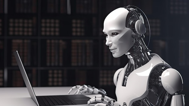 A robot sits at a desk in a library.