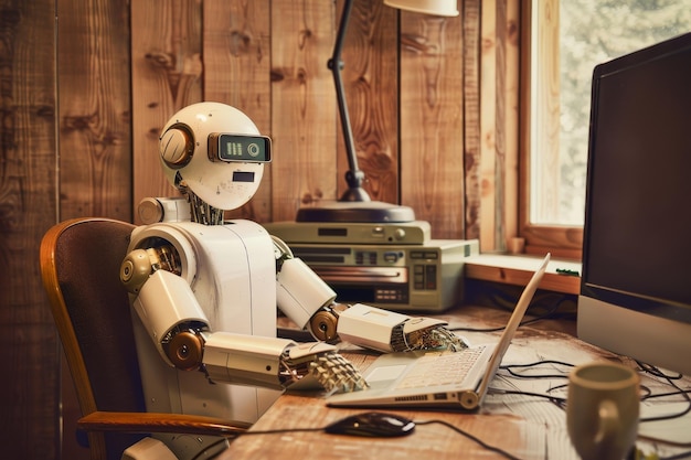 A robot sits in front of a computer aiding in business operations A robot assistant helping to streamline business operations