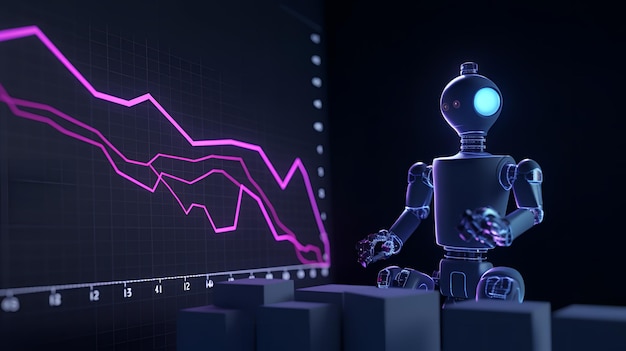 A robot sits in front of a graph that says'robot'on it