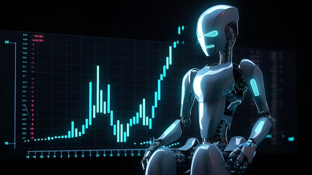 a robot sits in front of a graph with a graph of stock in the background.