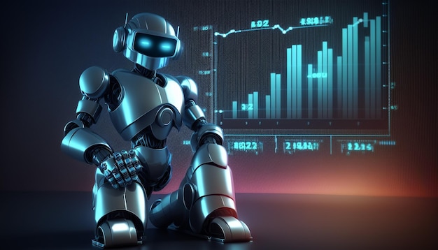 A robot sits in front of a stock chart.