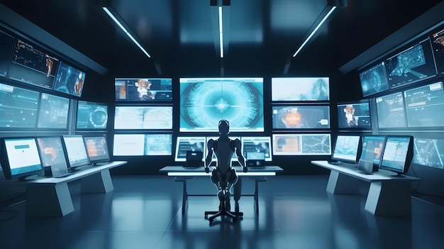 A robot sits in front of a wall of monitors