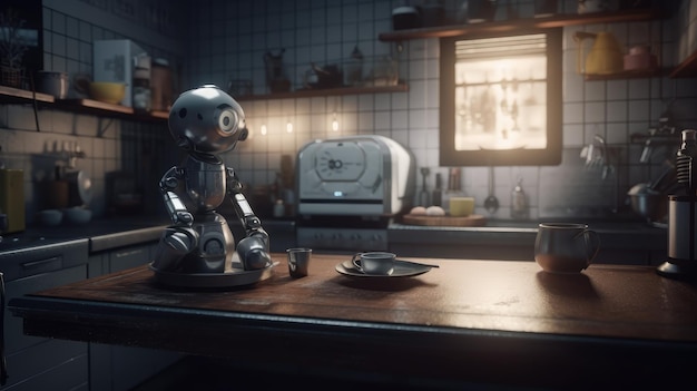 A robot sits on a kitchen counter in a kitchen with a toaster on the counter.