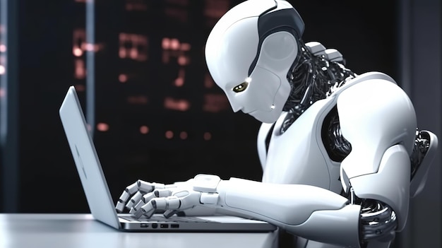 A robot sits at a laptop with the word robot on it