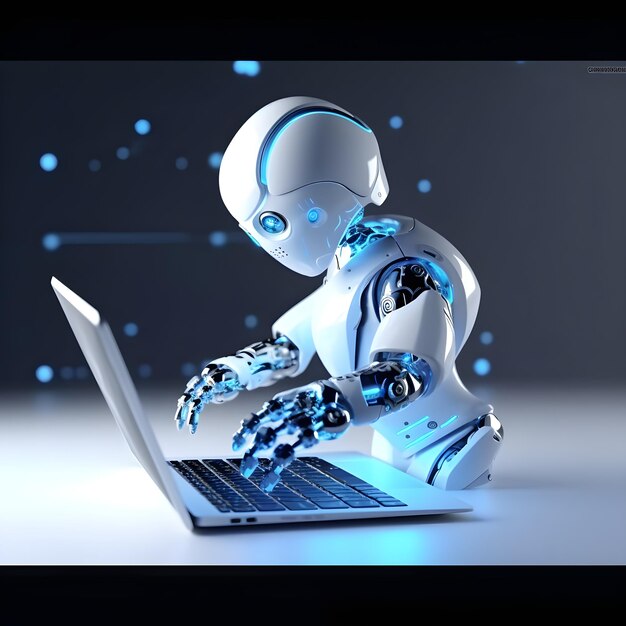 A robot sits on a laptop with the words " robot " on the screen.