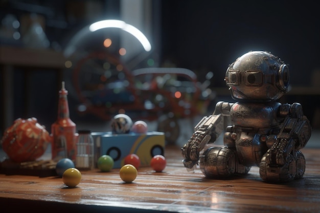 A robot sits on a table in front of a toy train.