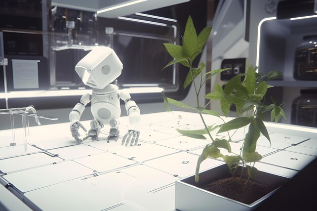 Photo a robot sits on a table next to a plant.