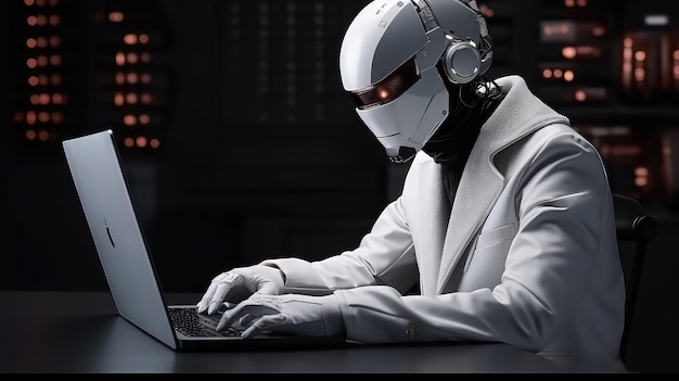 Robot sitted at the table working at computer dark background