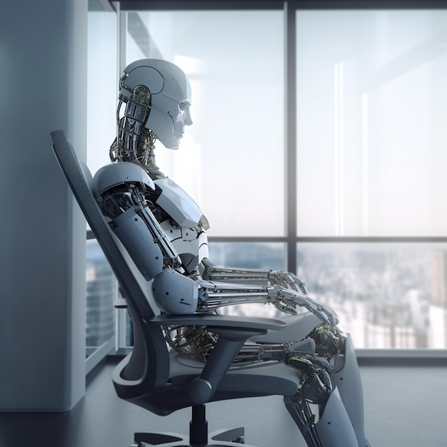 A robot sitting in a chair in front of a window.