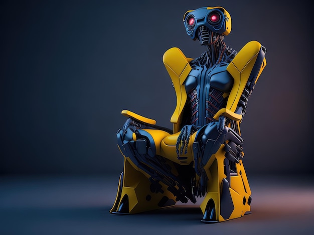 A robot sitting in a chair with a blue background.