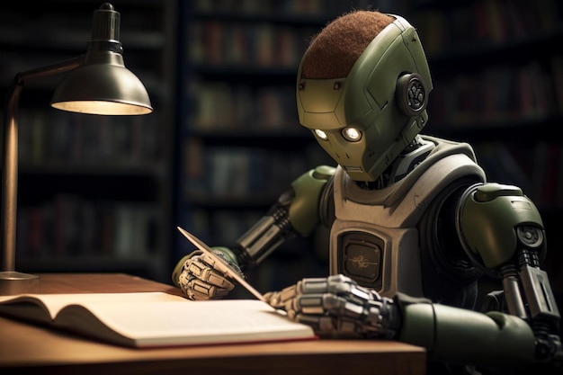 Foto un robot seduto a una scrivania che scrive un libro