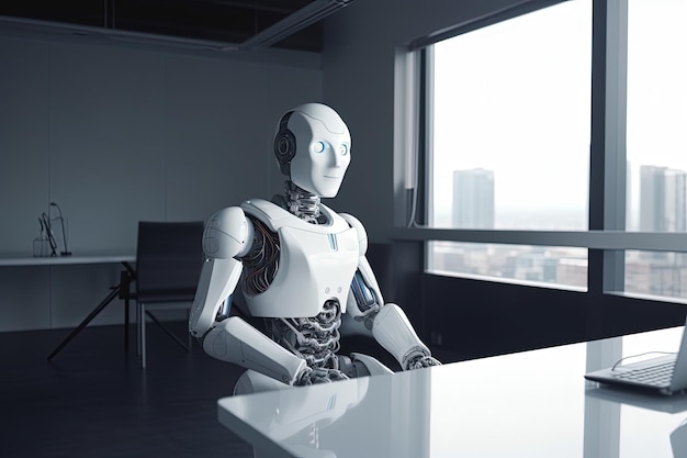 Робот сидит перед ноутбуком в комнате с концепцией искусственного интеллекта Генеративный ИИ