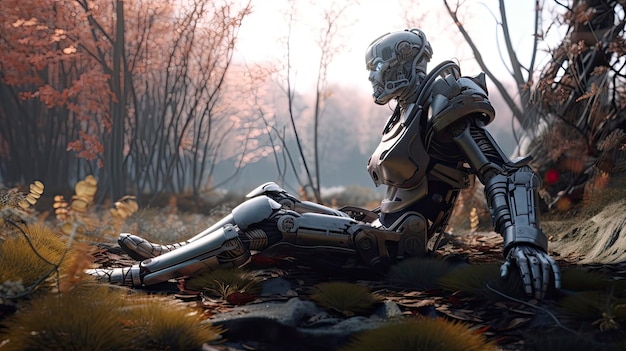 A robot sitting on the ground in a forest