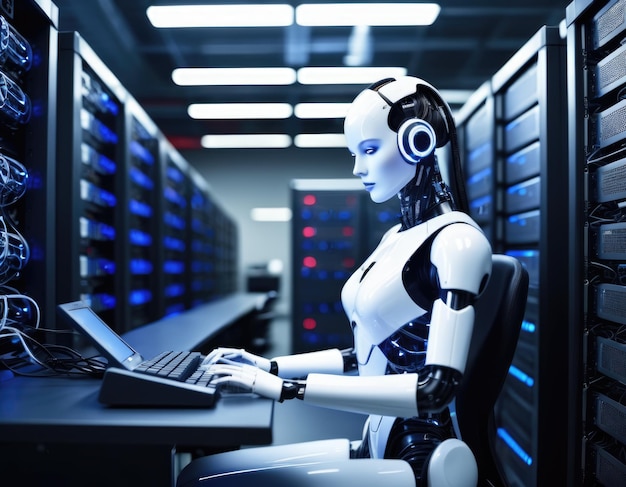 Robot sitting at PC in server room office