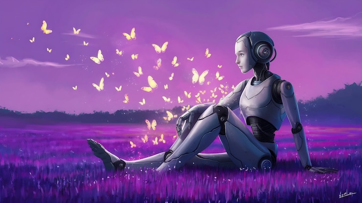 Photo 紫色のフィールドに座っているロボットが輝く蝶と遊んでいるデジタルアートスタイルのイラスト