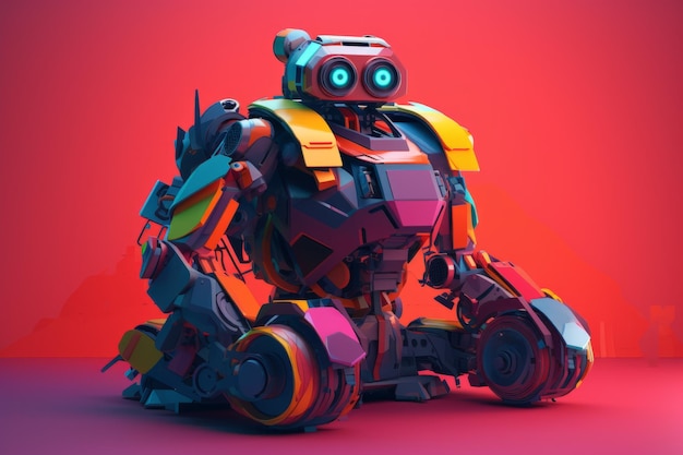 A robot sitting on a red background with the word robot on it.