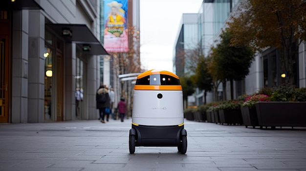 A robot sitting on a street