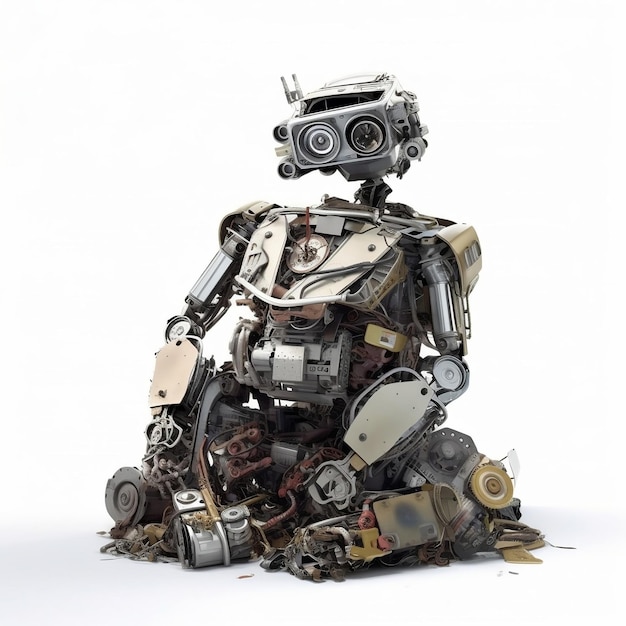 A robot sitting on top of a pile of junk isolated in white background