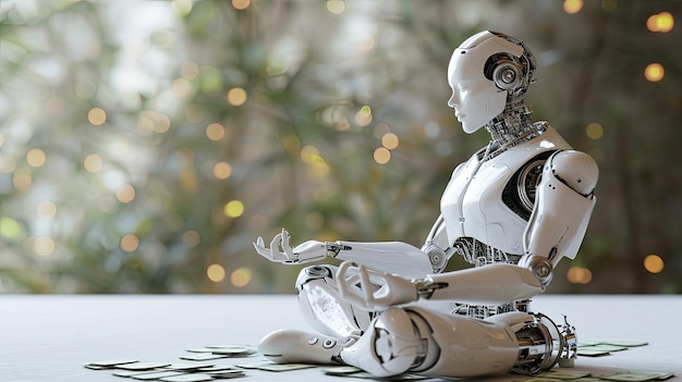 Photo robot sitting on top of pile of money