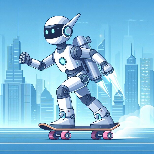 Photo a robot on a skateboard with a city in the background