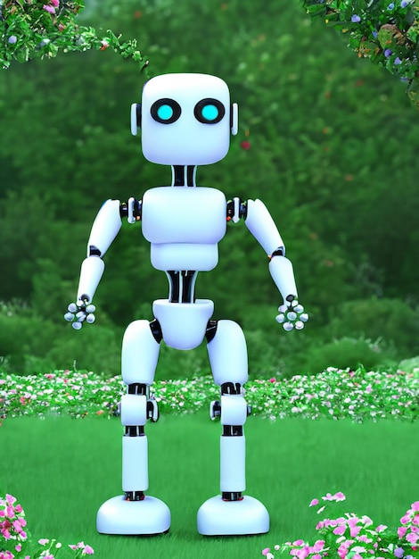 Robot smiling with flowers