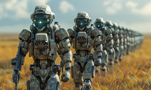 Robot soldiers walking through a field of wheat