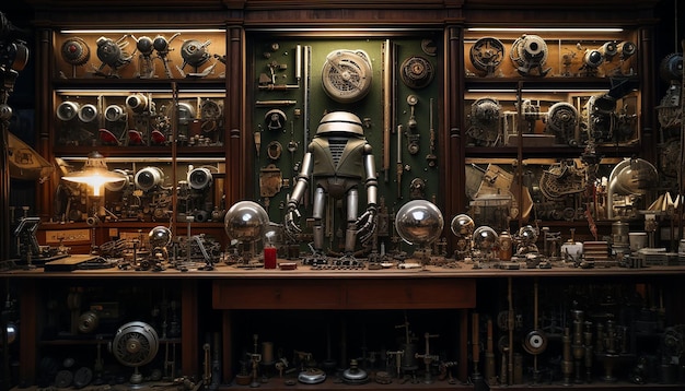 Robot specimen parts in a 16th century cabinet of curiosities