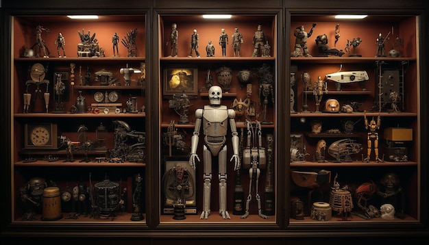 Robot specimen parts in a 16th century cabinet of curiosities