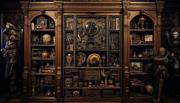 Robot specimen parts in a 16th century cabinet of curiosities