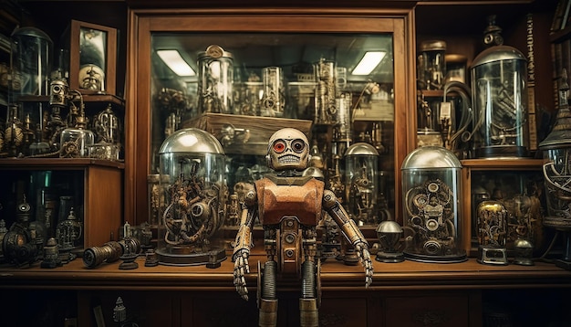 Robot specimen parts in a 16th century cabinet of curiosities