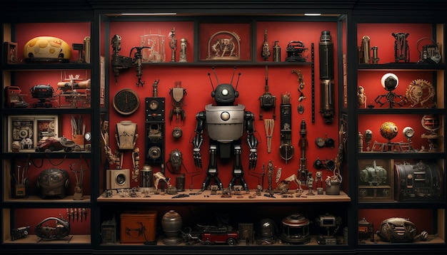 Robot specimen parts in a 16th century cabinet of curiosities