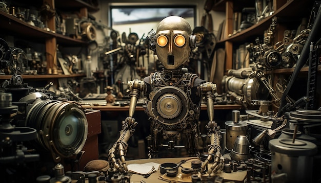 Robot specimen parts in a 16th century cabinet of curiosities