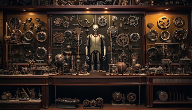 Robot specimen parts in a 16th century cabinet of curiosities