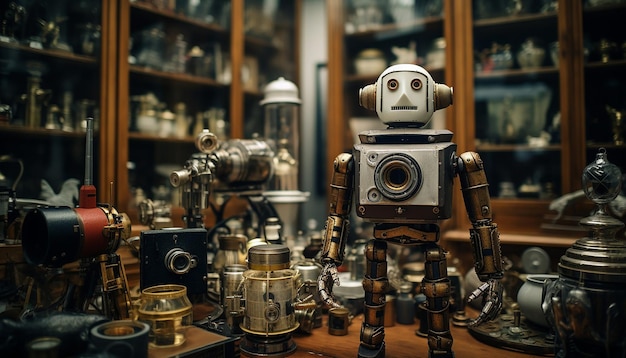 Robot specimen parts in a 16th century cabinet of curiosities