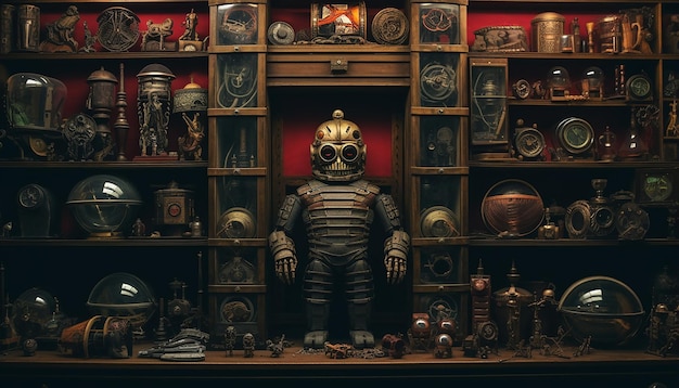 Robot specimen parts in a 16th century cabinet of curiosities