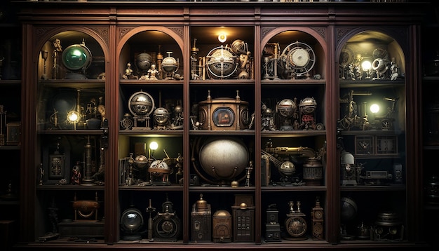 Robot specimen parts in a 16th century cabinet of curiosities