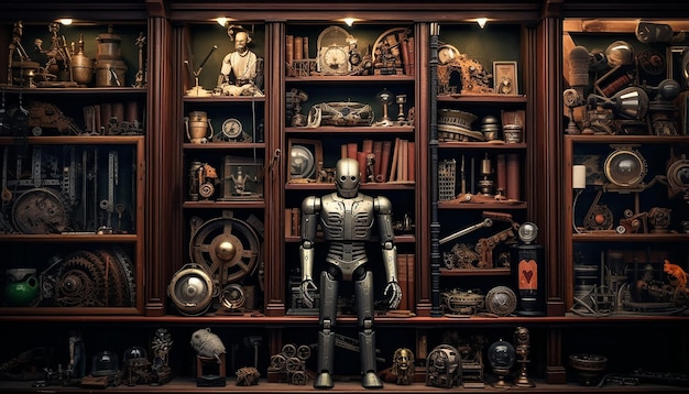 Robot specimen parts in a 16th century cabinet of curiosities