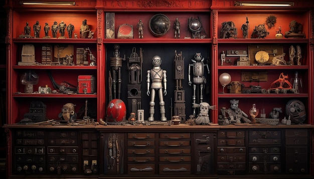 Robot specimen parts in a 16th century cabinet of curiosities