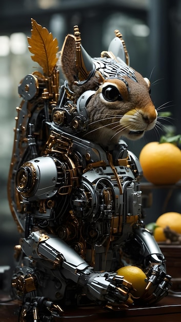 Robot Squirrel eating a mechanical Mango