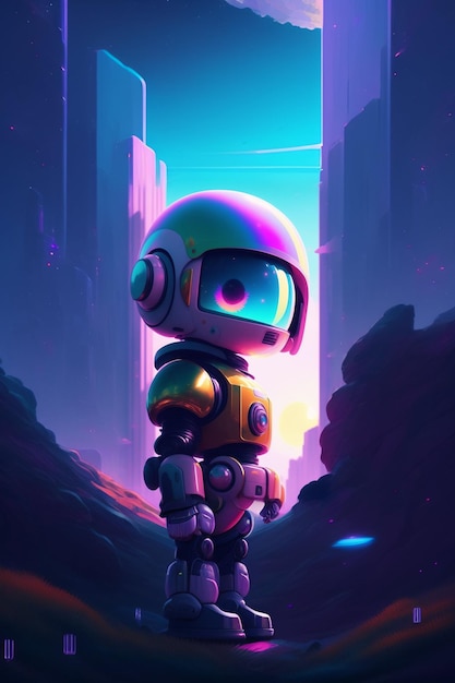 A robot standing in a city with a purple background