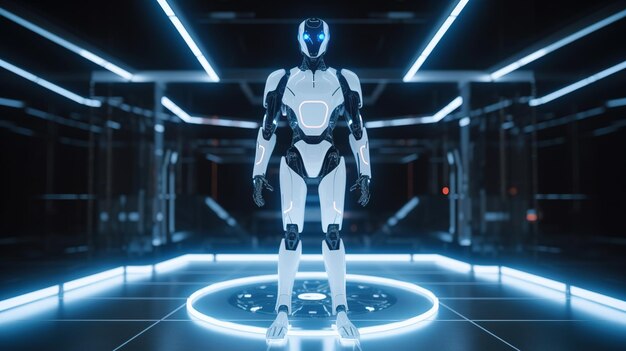 A robot standing in a dark room with neon lights.