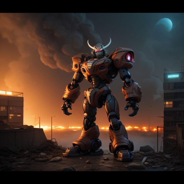 a robot standing in front of a city at night with a full moon in the background and a building in th