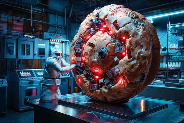 Robot Standing Next to Giant Doughnut