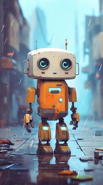 A robot standing in a rainy city with a rain drop on the top.