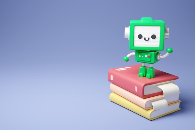 robot standing on a stack of books blue background 3d render